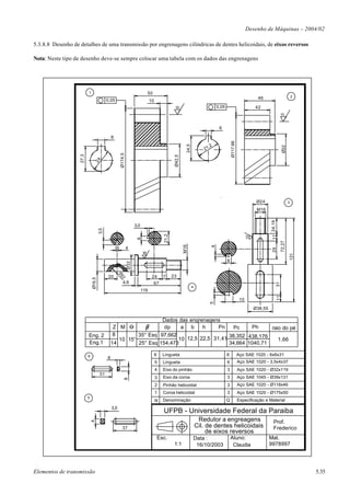 Desenho de Máquinas – 2004/02

5.3.8.8 Desenho de detalhes de uma transmissão por engrenagens cilíndricas de dentes helicoidais, de eixos reversos

Nota: Neste tipo de desenho deve-se sempre colocar uma tabela com os dados das engrenagens




                          1                                                   50
                                                                                                                                                                                                  2
                                                                                                                                                                   46
                                            0,05                                  10
                                                                                                     10                             0,05                          42
                                                                                                                                                                                      10


                                                                                                                                     6

                                                8




                                                                                                                                               Ø117,66
                                                                                                                               ,2




                                                                                                               24,5




                                                                                                                                                                                       Ø32
                                                                                                                          21
                                                       Ø174,5
                   27,3




                                                                                                     Ø42,5
                                24




                                                                                                                                                                   Ø24                        3

                                                                                                                                                                   M16




                                                                                                                                                                          11 24,19
                                                                      3,0
                                      3,5




                                                                                             21,2
                                                                       6




                                                                                                                                                                                      72,27
                                                                                                             M16




                                                                                                                                4




                                                                4




                                                                                                                                                                           29


                                                                                                                                                                                                  131
                                                                                                                                           8
                                                                Ø32
                                                      Ø2




                                             20                                    24 7             23
                              Ø19,5




                                                        2




                                                          4,9                       67
                                                                                                                                                                                 31
                                                                                                                   4




                                                                            119
                                                                                                                                                                                 11



                                                                                                                                                          10
                                                                                                                               5




                                                                                                                                                                 Ø38,55

                                                                   Dados das engrenagens
                                                 Z M O              dp    a b     h     Pn    Pc    Ph     raio do pé
                          Eng. 2                 8        35° Esq 97,662                    38,352 438,176
                                                   10 15°                10 12,5 22,5 31,41                   1,66
                          Eng.1                 14        25° Esq 154,473                   34,664 1040,71

                          6                                                            6     Lingueta                                      6             Aço SAE 1020 - 6x6x31
                                            6
                                                                                       5     Lingueta                                      6             Aço SAE 1020 - 3,5x4x37
                                                                                       4     Eixo do pinhão                                3             Aço SAE 1020 - Ø32x119
                                      31
                                                                                       3     Eixo da coroa                                 3             Aço SAE 1045 - Ø39x131
                                                            6




                                                                                       2     Pinhão helicoidal                             3             Aço SAE 1020 - Ø118x46
                                                                                       1     Coroa helicoidal                              3             Aço SAE 1020 - Ø175x50
                          5
                                                                                       N     Denominação                                   Q             Especificação e Material
                                                3,5
                                                                                             UFPB - Universidade Federal da Paraiba
                                                                                                                        Redutor a engreagens                                Prof.
                              4




                                                         37                                                            Cil. de dentes helicoidais                           Frederico
                                                                                                                            de eixos reversos
                                                                                           Esc.                       Data :                   Aluno:                     Mat.
                                                                                                     1:1               16/10/2003               Claudia                   9978997




Elementos de transmissão                                                                                                                                                                                5.35
 