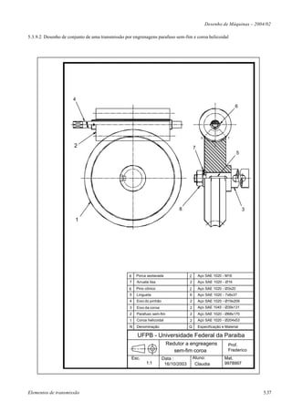 Desenho de Máquinas – 2004/02

5.3.9.2 Desenho de conjunto de uma transmissão por engrenagens parafuso sem-fim e coroa helicoidal




                      4
                                                                                                                    6




                                                                                               K               T

                      2                                                                   7
                                                                                                                     5




                                                                               8                                         3

                       1




                                                 8     Porca sextavada                2       Aço SAE 1020 - M16
                                                 7     Arruela lisa                   2       Aço SAE 1020 - Ø16
                                                 6     Pino cônico                    2       Aço SAE 1020 - Ø3x20
                                                 5     Lingueta                       6       Aço SAE 1020 - 7x8x37
                                                 4     Eixo do pinhão                 2       Aço SAE 1020 - Ø19x209
                                                 3     Eixo da coroa                  2       Aço SAE 1045 - Ø39x131
                                                 2     Parafuso sem-fim               2       Aço SAE 1020 - Ø68x170
                                                 1     Coroa helicoidal               2       Aço SAE 1020 - Ø204x53
                                                 N     Denominação                    Q       Especificação e Material

                                                       UFPB - Universidade Federal da Paraiba
                                                                          Redutor a engreagens                  Prof.
                                                                             sem-fim coroa                      Frederico
                                                     Esc.               Data :            Aluno:             Mat.
                                                             1:1         16/10/2003        Claudia           9978997




Elementos de transmissão                                                                                                     5.37
 