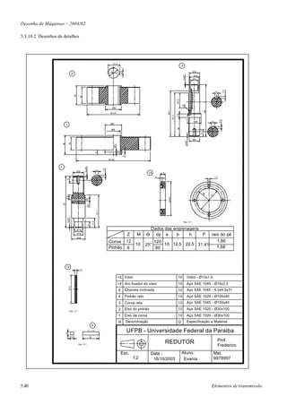 Desenho de Máquinas – 2004/02

5.3.10.2 Desenhos de detalhes




                                                                                              22,2
                                                                                                                                                                     2

                                                                                             20                                                                                      Ø20




                                                                                                           6
                                        4




                                                                                                                                                                         1x45°
                                                                                                                                                                                      Ø18
                                                                                                                                                                                     Ø14




                                                                                                                                                                                                                         3,5
                                                                                                                                                                                                              6
                                            36

                                                   30




                                                                                                                                                              28,8
                                                                                                                                                                         R9
                                                                                             Ø30




                                                                                                                                              86,1




                                                                                                                                                                                                   98
                                                                                            Ø100




                                                                                                                                                              6,8
                                                                                                                                                       82,3




                                                                                                                                                                                                                   3,5
                                                                                                                                                                                     Ø26                 6
                                                                                            Ø32
                            3




                                                                                                                                                              36
                                                                                            Ø26




                                                                                                                                                                                            13,2
                                                                                                                                                                                     Ø20




                                                                                                                                                                             2x45°
                                  24
                       36




                                                                                                  Ø4
                                                                              9




                                                                                                           5




                                                                                           Ø140


                   1
                                                        2x45°




                                                                                     3,5




                                                                              6
                                                 Ø20
                                                                                                                               14       2,4
                                                                                                                                    1                                                                        1,5
                             8




                                                                                                                                                                                               R6




                                                                                                                                                                                                        10
                            8,6




                                                                                                                                               M16x1
                       97




                                                                Ø4



                                                                              61,1
                             1x45°




                                                                       17,6




                                                                                                                                                                         Esc. 2:1
                                                                11




                                                 Ø14                                                                             Dados das engrenagens
                                                 Ø18
                                                                                                                Z     M      O     dp a     b     h    Praio do pé
                                                 Ø26

                                                                                           Coroa 12                              120                       1,66
                                                                                                                     10      25°     10 12,5 22,5 31,41
                                                                                           Pinhão 8                               80                       1,66



                            15
                                                    1



                                                                                                       15 Visor                                                10                Vidro - Ø13x1,0
                                                                                                       14 Aro fixador do visor                                 10                Aço SAE 1045 - Ø16x2,5
                                  Ø13




                                                                                                       8       Chaveta inclinada                               10                Aço SAE 1045 - 4,3x4,3x31
                                                                                                       4       Pinhão reto                                     10                Aço SAE 1020 - Ø105x40
                                                                                                       3       Coroa reta                                      10                Aço SAE 1045 - Ø150x40
                                                                                                       2       Eixo do pinhão                                  10                Aço SAE 1020 - Ø30x100
                                  Esc. 2:1

                                                                                                       1       Eixo da coroa                                   10                Aço SAE 1020 - Ø30x100
                                                                                                       N       Denominação                                     Q                 Especificação e Material
                                                                       8
                                                                Incl. 1:100
                                                                                                                UFPB - Universidade Federal da Paraiba
                            6




                                        6                         32
                                                                                                                                                                                                                   Prof.
                                                                                                                                              REDUTOR
                                                  Esc. 2:1
                                                                                                                                                                                                                   Frederico
                                                                                                           Esc.                  Data :                              Aluno:                                  Mat.
                                                                                                                    1:2           16/10/2003                          Evania                                 9978997




5.40                                                                                                                                                                                                     Elementos de transmissão
 