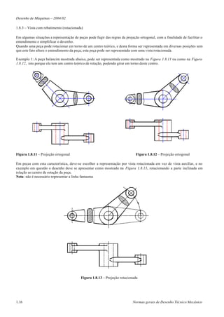 Desenho de Máquinas – 2004/02

1.8.3 – Vista com rebatimento (rotacionada)

Em algumas situações a representação de peças pode fugir das regras da projeção ortogonal, com a finalidade de facilitar o
entendimento e simplificar o desenho.
Quando uma peça pode rotacionar em torno de um centro teórico, e desta forma ser representada em diversas posições sem
que este fato altere o entendimento da peça, esta peça pode ser representada com uma vista rotacionada.

Exemplo 1: A peça balancim mostrada abaixo, pode ser representada como mostrado na Figura 1.8.11 ou como na Figura
1.8.12, isto porque ela tem um centro teórico de rotação, podendo girar em torno deste centro.




Figura 1.8.11 – Projeção ortogonal                                            Figura 1.8.12 – Projeção ortogonal

Em peças com esta característica, deve-se escolher a representação por vista rotacionada em vez de vista auxiliar, e no
exemplo em questão o desenho deve se apresentar como mostrado na Figura 1.8.13, rotacionando a parte inclinada em
relação ao centro de rotação da peça.
Nota: não é necessário representar a linha fantasma




                                          Figura 1.8.13 – Projeção rotacionada




1.16                                                                        Normas gerais de Desenho Técnico Mecânico
 