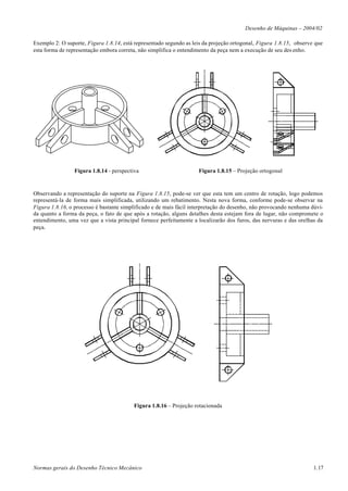 Desenho de Máquinas – 2004/02

Exemplo 2: O suporte, Figura 1.8.14, está representado segundo as leis da projeção ortogonal, Figura 1.8.15, observe que
esta forma de representação embora correta, não simplifica o entendimento da peça nem a execução de seu des enho.




                 Figura 1.8.14 - perspectiva                        Figura 1.8.15 – Projeção ortogonal



Observando a representação do suporte na Figura 1.8.15, pode-se ver que esta tem um centro de rotação, logo podemos
representá-la de forma mais simplificada, utilizando um rebatimento. Nesta nova forma, conforme pode-se observar na
Figura 1.8.16, o processo é bastante simplificado e de mais fácil interpretação do desenho, não provocando nenhuma dúvi-
da quanto a forma da peça, o fato de que após a rotação, alguns detalhes desta estejam fora de lugar, não compromete o
entendimento, uma vez que a vista principal fornece perfeitamente a localizarão dos furos, das nervuras e das orelhas da
peça.




                                          Figura 1.8.16 – Projeção rotacionada




Normas gerais do Desenho Técnico Mecânico                                                                           1.17
 
