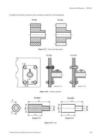 Desenho de Máquinas – 2004/02



Exemplos de elementos mecânicos não secionados por plano de corte longitudinal:


                                Errado                                    Correto




                                         Figura 1.9.7 – Dente de engrenagem




                                              Figura 1.9.8 – Orelha e parafuso



                                   Errado                                             Correto
   F                                     60                                                  60
                      Ø20




                                                                 Ø10


                                                                          Ø20




                                                                                                                Ø10




  F
                                    40                                                40


                                Corte F-F                                           Corte F-F

                                                    Figura 1.9.9 - Eixo




Normas Gerais do Desenho Técnico Mecânico                                                                             1.33
 