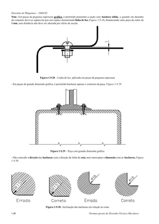 Desenho de Máquinas – 2004/02
Nota - Em peças de pequena espessura gráfica, é permitido preencher a seção com hachura sólida, e quando em desenho
de conjunto deve-se separa-las por um espaço denominado linha de luz, Figura 1.9.28, distanciando uma peça da outra de
1 mm, esta distância não deve ser alterada por efeito de escala.




                          Figura 1.9.28 – Linha de luz, aplicada em peças de pequena espessura

- Em peças de grande dimensão gráfica, é permitido hachurar apenas o contorno da peça, Figura 1.9.29.




                                   Figura 1.9.29 – Peça com grande dimensão gráfica

- Não coincidir a direção das hachuras com a direção da linha de cota, nem interceptar a dimensão com as hachuras, Figura
1.9.30.




                               Figura 1.9.30– Inclinação das hachuras em relação às cotas

1.40                                                                   Normas gerais do Desenho Técnico Mecânico
 