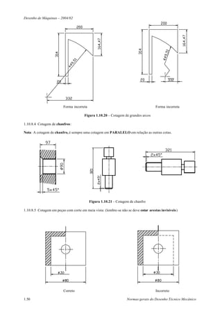 Desenho de Máquinas – 2004/02




                         Forma incorreta                                            Forma incorreta

                                       Figura 1.10.20 – Cotagem de grandes arcos

1.10.8.4 Cotagem de chanfros:

Nota: A cotagem de chanfro, é sempre uma cotagem em PARALELO em relação as outras cotas.




                                           Figura 1.10.21 – Cotagem de chanfro

1.10.8.5 Cotagem em peças com corte em meia vista: (lembre-se não se deve cotar arestas invisíveis)




                         Correto                                                    Incorreto

1.50                                                              Normas gerais do Desenho Técnico Mecânico
 
