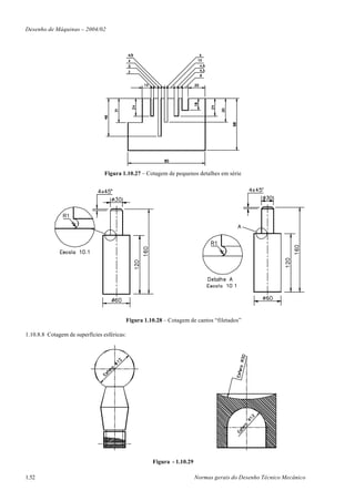 Desenho de Máquinas – 2004/02




                                 Figura 1.10.27 – Cotagem de pequenos detalhes em série




                                             Figura 1.10.28 – Cotagem de cantos “filetados”

1.10.8.8 Cotagem de superfícies esféricas:




                                                       Figura - 1.10.29

1.52                                                                      Normas gerais do Desenho Técnico Mecânico
 