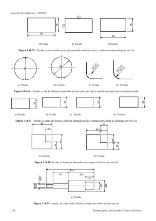 Desenho de Máquinas – 2004/02




                             a) Errado                       b) Errado                          c) Correto

         Figura 1.10.35 – Errado, as cotas estão muito próximas do contorno em (a) e sobre o contorno da peça em (b)




         a) Errado                         b) Correto                         c) Errado                  d) Correto

  Figura 1.10.36 – Errado, a cota de diâmetro está sobre um dos eixos em (a) e a cota do arco não toca o contorno em (b)




   a) Errado                        b) Errado               c) Errado                                 d) Correto

       Figura 1.10.37 – Errado, as setas não tocam a linha de chamada em (a) e ultrapassam a linha de chamada em (b) e (c)




                             a) Correto                                            b) Errado

                         Figura 1.10.38- Errado, as linhas de chamada interceptam a linha de cota em (b)




                                                            a) Errado

                        Figura 1.10.39 – errado, as cotas estão à direita e abaixo das linhas de cota em (a)

1.54                                                                              Normas gerais do Desenho Técnico Mecânico
 