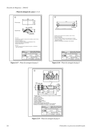Desenho de Máquinas – 2004/02

                - Plano de usinagem das peças 2; 3 e 4


            2                                                                                                                          3


                                                Ø69




                                                                                                                                                                                                 Ø10
                                                                                                                                                                       115
            Primeira etapa




                                                                     25
                                                          Ø11                                                                                                                        8
                                                                                                                                             Rebater as extremidades na montagem
                                 5




                                                                     17
            Segunda etapa


                                                       Esfera R30
                                                                                                                                     1-Prender a peça na placa de três castanhas, centrar e facear,
                                                                                                                                     2-Fazer furo de centro,
            Primeira etapa
                                                                                                                                     3-Colocar contra-ponta,
                                                                                                                                     4-Tornear no diâmtro indicado, num comprimento de 120mm,
            1-Prender bloco cilíndrico na placa de três castanhas, centrar e facear,                                                 5-Virar a peça, prender na placa e facear deixando no comprimeno
            2-Fazer furo de centro,                                                                                                    indicado no desenho,
            3-Tornear no diâmetro 69 mm,                                                                                             6-Rebater as extremidades na montagem, como indicado.
            4-Fazer furo de diâmetro 11mm com profundidade de 7mm,
            5-Cortar a peça numa espessura de 5mm.
            6-Retirar a peça do torno.
            Segunda etapa

            1-Colocar o disco de 5mm de espessura na prensa, e conformá-lo
              com o raio indicado.




                                 2 Disco                 1 Aço 1020 - Ø69x25mm                                                                            3 Haste                  1 Aço 1020 - Ø10x115mm
                                 N Denominação          Q Especificação e Material                                                                        N Denominação           Q Especificação e Material
                                        UFPB - Universiade Federal da Paraíba                                                                                     UFPB - Universiade Federal da Paraíba
                                                                             Prof.:                                                                                                              Prof.:
                                                        Sargento              Frederico                                                                                        Sargento           Frederico
                                 Esc.          Data       Desenhistas Mat.                                                                                Esc.          Data         Desenhistas Mat.
                                        1:1    12/11/2004 Roosevelt   10311371                                                                                   1:1    12/11/2004   Roosevelt   10311371
                                                          Tibério     10311450                                                                                                       Tibério     10311450



      Figura 2.3.7 – Plano de usinagem da peça 2                                                                                Figura 2.3.8 – Plano de usinagem da peça 3




                                                                       4
                                                                                                                         2,5
                                                                                                                         60°
                                                                                                          1,35




                                                                                                                   R0,36


                                                                                                                     Esc.:5:1

                                                                             Ø11
                                                                                                                                               M20
                                                                       Ø30




                                                                                                                                              Ø10




                                                                                    15                           163,5
                                                                                       30                    168,5
                                                                                                         210,5
                                                                     1-Prender a peça com sobremetal de usinagem na placa de três castanhas,
                                                                       centrar e facear,
                                                                     2-Fazer furo de centro,
                                                                    3-Colocar o centro rotativo,
                                                                    4-Fazer as marcações,
                                                                     5-Tornear o diâmetro maior,
                                                                     6-Tornear os diâmetros menores,
                                                                     7-Abrir a rosca M20,
                                                                     8-Cortar a peça no comprimento indicado,
                                                                    9-Levar a peça à furadeira e abrir furo de 11mm de diâmetro.
                                                                   10-Rebater as extremidades na montagem, como indicado.

                                                                                            4 Parafuso              1 Aço 1020 - Ø30x210,5mm
                                                                                            N Denominação           Q Especificação e Material
                                                                                                   UFPB - Universiade Federal da Paraíba
                                                                                                                                             Prof.:
                                                                                                                         Sargento
                                                                                                                                              Frederico
                                                                                            Esc.             Data              Desenhistas   Mat.
                                                                                                   1:1       12/11/2004        Roosevelt     10311371
                                                                                                                               Tibério       10311450




                                                               Figura 2.3.9 – Plano de usinagem da peça 4



2.6                                                                                                                                                  O desenho e os processos de fabricação
 