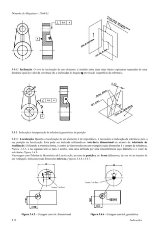 Desenho de Máquinas – 2004/02




3.4.4.3 Inclinação: O erro de inclinação de um elemento, é medido entre duas retas ideais coplanares separadas de uma
distância igual ao valor da tolerância (t), e inclinadas do ângulo θ em relação à superfície de referencia.




3.4.5 Indicação e interpretação de tolerância geométrica de posição

3.4.5.1 Localização: Quando a localização de um elemento é de importância, é necessário a indicação da tolerância para a
sua posição ou localização. Esta pode ser indicada utilizando-se tolerância dimensional ou através da tolerância de
localização. Utilizando a primeira forma, o centro do furo resulta em um retângulo cujas dimensões é o campo da tolerância,
Figura 3.4.5, e na segunda tem-se para o centro, uma área definida por uma circunferência cujo diâmetro e o valor da
tolerância, Figura 3.4.6.
Na cotagem com Tolerância. Geométrica de Localização, as cotas de posição e de forma (diâmetro), devem vir no interior de
um retângulo, indicando suas dimensões teóricas, Figuras 3.4.6 e 3.4.7.




                                                                  “centro “ do furo

                                   “centro” do furo




        Figura 3.4.5 – Cotagem com tol. dimensional                      Figura 3.4.6 – Cotagem com tol. geométrica

3.10                                                                                                       Indicações
 
