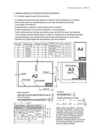 Desenho de máquinas – 2004/02


1 NORMAS GERAIS DO DESENHO TÉCNICO MECÂNICO
1.1 Formatos, legenda, tipos de linha, letreiros

- A unidade de dimensionamento utilizada no desenho Técnico Mecânico é o milímetro.
- Os formatos devem ser representados com sua maior dimensão na horizontal,
  com exeção do formato A4.
- A legenda deve vir sempre no canto inferior direito do formato.
- A lista de peças deve vir ou acima da legenda, ou à sua esquerda.
- Todos os formatos com exerção dos menores que o A4 (A5, A6), devem ser dobrados
  como indicado na tabela abaixo (dobra X e dobra Y), ficando com as dimesões do formato
  A4 após dobrados; com exerção do formato A2 que é permitido ficar um pouco maior.
- Desenhos em papel vegetal não são dobrados, mas sim enrolados.

                                                                                                        dobra
 Formato            Dimensões              Margem Orelha                                                                                 Dimensões da legenda
                                                                                                        X    Y
       A0              841x1.189                    10       25                                  185 297 Formato                                           L     H
       A1
       A2
                       594x841
                       420x594
                                                    10
                                                    10
                                                             25
                                                             25
                                                                                                185 297 A0, A1 e A2 175
                                                                                                192 297
                                                                                                                                    A2, A3 e A4 120
                                                                                                                                                                 50
                                                                                                                                                                                                                      A4
                                                                                                                                                                 35
       A3              297x420                      10       25                                  185
       A4              210x297                       5        25                                                                    A4 e A5                90    25
                                                                                                                                                                                                                                2 Porca Sextavada       10 M10 - Aço - SAE 1020
                                                                                                                                                                                                                                1 Paraf. Cab. Sextavada 10 M10x30 - Aço SAE 1020
                                                                                                                                                                                                                                N Denominação           Q Especificação e Material

                                                                                                                                                                                                                                  UFPB - Universidade Federal da Paraiba
                                                                                                                                                                                                                                                                             Prof.
                                                                                                                                                                                                                                                Redutor de Engrenagens
                                                                                                                                                                                                                                                Helicoidais                  Frederico
                                                                                                                                                                                                                                Esc.          Data          Aluno:           Mat.
                                                                                                                                                                                                                                       2:1     20/11/2000          Fábio        9920133




                                                                                                                                                                                                                                50   Espaçador articulado 2     fofo
                                                                                                                                                                                                                                49   Luva dupla            5    fofo
                                                                                                                                                                                                                                48   Orelha angular             fofo
                                                                                                                                                                                                                                                           10
                                                                                                                                                                                                                                47   Suporte de haste      1    fofo
                                                                                                                                                                                                                                46   Guia do eixo          10   Ø12x4 - Aço SAE 1035
                                                                                                                                                                                                                                45   Braçadeira em gancho 2     fofo
                                                                                                                                                                                                                                44   Anel                  8    Ø12x2 - Aço SAE 1020




                                                                                                                                                            lista de peças
                                           Margem




                                                                                                                                                                                                                                43   Cone deslizante       10   Ø14x18 - Aço SAE 1020
                                                                                                                                                                                                                                42   Tampa de orifício          Ø20x12 - Aço SAE 1020
                                                                                                                                                                                                                                                           2
                                                                                                                                                                                                                                41   Placa de guia         6    fofo
                                                                                                                                                                                                                                40   Cubo da hélice        1    fofo
                                                                                                                                                                                                                                39   Suporte de polia           M10 - Aço - SAE 1020
                                                                                                                                                                                                                                                           2
                                                                                                                                                                                                                                38   Gancho                1    fofo
                                                                                                                                                                                                                                37   Eng. cil. reta        6    Ø60x36 - Aço SAE 1035
                                                                                                                                                                                                                                36   Eng. cil reta         6    Ø120x34 - Aço SAE 1035
                                                                                                                                                                                                                                35   Flange de válvula     10   fofo
                                                                                                                                                                                                                                34   Suporte de ventilador 3    fofo
                                                                                                                                                                                                                                33   Porta fuso                 Ø32x15 - Aço SAE 1035
                                                                                                                                                                                                                                                           15




                                                                                                                                                                 A3
                                                                                                                                                                                                                                32   Suporte angular       5    fofo
                                                                                                                                                                                                                                31   Chapa de união        10   fofo
                                                                                                                                                                                                                                30   Apoiodetirante        10   fofo
                                                                                                                                                                                                                                29   Tampa deslizante      10   Ø20x20 - Aço SAE1020
                                                                                                                                                                                                                                28   Flange suspenso       4    Ø20x15 - Aço SAE 1020
                                                                                                                                                                                                                                27   Espera de dobradiça   8    fofo
                                                                                                                                                                                                                                26   Fixador de cabo       20   AçoSAE1020
                                                                                                                                          297




                                                                                                                                                                                                                                25   Braçadeira angular    3    fofo
                                                                                                                                                                                                                                24   Clipe de catenária    1    fofo
                                                                                                                                                                                                                                23   Junção transversal    2    fofo
                                                                                                                                                                                                                                22   Forquilha de mudança 3     fofo
                                                                                                                                                                                                                                21   Cursor biselado       1    fofo
                                                                                                                                                                                                                                20   Suporte de árvore     2    fofo




                                                            Margem
                                                                                                                                                                                                                                19   Base da coluna 3      5    Aço SAE 120




                                                                                                                                                                legenda                                                         18   Prato de munhão       3    fofo
                                                                                                                                                                                                                                17   Estribomestre         10   M10 - Aço - SAE 1020
                                                                                                                                                                                                                                16   Gaxeta de vedação          AçoSAE1035
                                                                                                                                                                                                                                                           10
                                                                                                                                                                                                                                15   Porca quadrada        20   M12 - Aço - SAE 1020
                                                                                                                                                                                                                                14   Manivela de cotovêlo 8     Aço



             Orelha                                                                                                                                                                                                             13   Bucha cilíndrica      10   Ø20x25x22 - Bronze
                                                                                                                                                                                                                                12   Junta univeral        10   fofo
                                                                                                                                                                                                                                11   Corpodeválvula        10   fofo
                                                                                                                                                                                                                                10   Flange de filtração        fofo
                                                                                                                                                                                                                                                           5




                                      A2
                                                                                                                                                                                                                                 9   Alavanca de embreagem 10   fofo
                                                                                                                                                                                                                                 8   Eixo da sapata        10   Ø35x100 - Aço SAE 1035
                                                                                                                                                                                                                                 7   Eixo da manivela           Ø10x50 - Aço SAE 1020
                                                                                                                                                                                                                                                           5
                                                                                                                                                                                                                                 6   Manivela              5    fofo
                                                                                                                                                                                                                                 5   Suporte da freza      5    fofo
                                                                                                                                                                                                                                 4   Suporte da bancada    5    fofo
                                                                                                                               dobra Y




                                                                                                                                                                                                                                 3   Arruelalisa           10   Ø10 - Aço SAE 1020
                                                                                                                                                                                                                                 2   Porca Sextavada       10   M10 - Aço - SAE 1020
                                                                                                                                                                                                                                 1   Paraf. Cab. Sextavada 10   M10x30 - Aço SAE 1020
                                                                                                                                                                                                                                N    Denominação           Q    Especificação e Material

                                                                                                                                                                                                                                  UFPB - Universidade Federal da Paraiba
                                                                                                                                                                                                                                                                             Prof.
                                                                                                                                                                                                                                                Redutor de Engrenagens
                                                                                                                                                                                                                                                Helicoidais                  Frederico

                                                                                                                                                                          52 Flange de tranmissão   8   Ø50x10 - Aço SAE 1035   Esc. 2 : 1    Data         Aluno:            Mat.
                                                                                                                                                                          51 Roda de disco          5   Ø20x3 - Aço SAE 1020                    20/11/2000        Fábio        9920133



                  linha larga              linha estreita
                                                                                                                                                                             420
                                                                  2 Porca Sextavada       10 M10 - Aço - SAE 1020
                                                                  1 Paraf. Cab. Sextavada 10 M10x30 - Aço SAE 1020
                                                                  N Denominação            Q Especificação e Material
                                                                   UFPB - Universidade Federal da Paraiba
                                                                                Redutor de Engrenagens     Prof.
                                                                                Helicoidais                Frederico
                                                                  Esc.         Data         Aluno:         Mat.
                                                                         2:1    20/11/2000         Fábio       9920133




                                                            dobra X

       letras maiúsculas:                                                                                                                 números:

       ABCDEFGHIJKLMNOPQRSTUVXYZ                                                                                         3,5              0123456789                                 3,5

       letras minúsculas:
                                                                                                                                          frações ordinárias e mistas
       abcdefghijklmnopqrstuvxyz                                                         2,5                    3,5                       1     ou   1/2             11             ou                            1 1/2                                               3,5
             57                   6
                                                                                                                                         R1     ou   R1/2        Ø1 1                  ou                           Ø 1 1/2                                                          3,5
                                                             6




2 Porca Sextavada       10 M10 - Aço - SAE 1020
1 Paraf. Cab. Sextavada 10 M10x30 - Aço SAE 1020
N Denominação           Q Especificação e Material                                                                                       Nota: a altura das letras e números
 UFPB - Universidade Federal da Paraiba                                                                                                  indicados nesta folha, é apenas uma
                  Redutor de Engrenagens        Prof.                                                                                    sugestão razoável para ser utilizada
                                                             15

                                                                               36

                                                                                              H




                  Helicoidais                   Frederico                                                                                em desenhos redigidos em formatos
Esc.          Data           Aluno:            Mat.
                                                                                                                                         A3, A4 e até A2. A altura da letra é
                                                             12




       2:1    20/11/2000          Fábio           9920133
       30             30              30
                                                                                                                                         função da dimensão gráfica do
                            120
                                                                                                                                         desenho. Portanto mesmo num forma-
                             L                                                                                                           to A3, pode-se utilizar números e le-
                                                                                                                                         tras com alturas maiores.
 
