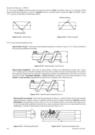 Desenho de Máquinas – 2004/02
2o - Se a rosca for direita, o primeiro ponto será marcado na parte de “baixo” do cilindro, Figura 4.2.12, para que o filete
fique inclinado para esquerda, se a rosca for esquerda marca-se o primeiro ponto na parte de “cima” do cilindro, Figura
4.2.13, para que o filete fique inclinado para a direita.




           Primeiro ponto

        Figura 4.2.12 – Hélice direita                                         Figura 4.2.13 – Hélice esquerda


4.2.7 Formas de representação de rosca:

        Representação “Exata” - Neste tipo de representação desenham-se as hélices, Figura 4.2.14. É pouco utilizada, a
        não ser para um trabalho de ilustração.




                                           Figura 4.2.14 – Representação exata da rosca

        Representação simplificada - Neste tipo de representação, as hélices são substituídas por linhas retas, Figura
        4.2.15. Sempre que for necessário desenhar uma rosca, deve-se utilizar este tipo de representação. Isto acontece
        principalmente quando temos que desenhar componentes mecânicos não padronizados como fusos ou sem-fins,
        cujas roscas sejam: Trapezoidal, Quadrada, ou Dente de Serra, ou quando a rosca do elemento mecânico vai ser
        usinada no torno mecânico, independendo do tipo da rosca, se Métrica, UNC, Whitworth, etc.




                                    Figura 4.2.15 – Representação simplifica da rosca

          Representação convencional - Neste tipo de representação as hélices e o perfil do filete não são representados,
          aparecendo apenas o diâmetro interno e o diâmetro externo da rosca. É sempre utilizada em elementos roscados
          padronizados, como parafusos e porcas, Figura 4.2.16, ou no desenho de fusos, com trecho muito longo de ros-
          ca, do tipo trapezoidal, quadrada ou dente de serra, onde um pequeno trecho da rosca é representada na forma
          simplificada e o restante é representado na forma convencional, Figura 4.2.17.




          Figura 4.2.16 – Elemento padronizado                        Figura 4.2.17 – Elemento não padronizado
4.6                                                                                                   Elementos de união
 