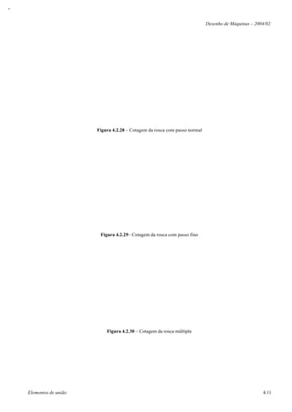 Desenho de Máquinas – 2004/02




                     Figura 4.2.28 – Cotagem da rosca com passo normal




                      Figura 4.2.29– Cotagem da rosca com passo fino




                         Figura 4.2.30 – Cotagem da rosca múltipla




Elementos de união                                                                                4.11
 