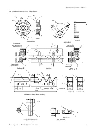 Desenho de Máquinas – 2004/02

1.3 Exemplos de aplicação dos tipos de linha

                                                                          8
           5                                                      2
                                                                                            2
                                 A
                                                                  2
       8                                                                                                             10




                                                                                                                                                     A
                                                                      8



                                                                                            6




                                                                                                                          A
                                 A                                8
                                                                               Corte A-A
                                                      1                                                                                                           Corte A-A
                                                      ENGRENAGEM
                                                                                                                                               MANIVELA
         Exemplo de                                                                                                  9
      furo sem rosca                                      2                         A                                                              Exemplo de                  2
                                                                                                                          C
        e sem bucha                                                                                                                               rosca interna


                                                          6                                                                                                                        6




                                                              7                                                                                                                    7
                                                                                            B                                              3
   Exemplo de                                                                                                    D
                                              5                                                                                                   Exemplo
  rosca interna                                                                                                                                   de bucha            5
                Corte A-B                                                                             SUPORTE                                          Corte C-D
                                                  7
           4
                                                                                            2
                    5                                                 E           8                      F
                                                                                                                                           2                  2

                                                                                                                                                                                       5
 40




                        8
                                                                                                                                           6



               15           20
                                                                                D                  Exemplo de
                                                                                                                 G
                                                                                                                                    Exemplo de           20               20
                                                                                                furo sem rosca                   furo com rosca
                                                                              178,6
                                                                                                                                                   CORTE E-D          CORTE F-G

                                              CREMALHEIRA (ENGRENAGEM)




                                                                                        5
                                     2


                                                                                                                                       2
                                                                                                                     K


                                                                                                                                                                      6
                                                                                                                     K
                                                                                        8                                                                         5
                                          5                                                                                                    CORTE K-K
                                         Parafuso cabeça sextavado                                                            Porca sextavada
                                               (Rosca externa)                                                                 (Rosca interna)

Normas gerais do Desenho Técnico Mecânico                                                                                                                                              1.3
 