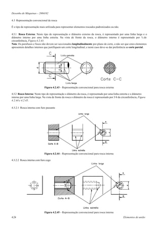 Desenho de Máquinas – 2004/02

4.3 Representação convencional de rosca

É o tipo de representação mais utilizada para representar elementos roscados padronizados ou não.

4.3.1 Rosca Externa: Neste tipo de representação o diâmetro externo da rosca, é representado por uma linha larga e o
diâmetro interno por uma linha estreita. Na vista de frente da rosca, o diâmetro interno é representado por ¾ de
circunferência, Figura 4.2.43.
Nota: Os parafusos e fusos não devem ser seccionados longitudinalmente por plano de corte, a não ser que estes elementos
apresentem detalhes internos que justifiquem um corte longitudinal, e neste caso deve-se dar preferência ao corte parcial.


                                             Linha estreita




                                                  Linha larga

                              Figura 4.2.43 – Representação convencional para rosca externa

4.3.2 Rosca Interna: Neste tipo de representação o diâmetro da rosca, é representado por uma linha estreita e o diâmetro
interno por uma linha larga. Na vista de frente da rosca o diâmetro da rosca é representado por 3/4 da circunferência, Figura
4.2.44 e 4.2.45.

4.3.2.1 Rosca interna com furo passante




                              Figura 4.2.44 – Representação convencional para rosca interna

4.3.2.2 Rosca interna com furo cego




                              Figura 4.2.45 – Representação convencional para rosca interna
4.24                                                                                                    Elementos de união
 