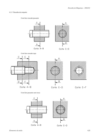 Desenho de Máquinas – 2004/02

4.3.3 Desenho de conjunto


                Com furo roscado passante




                Com furo roscado cego




                Com furo passante sem rosca




Elementos de união                                                     4.25
 