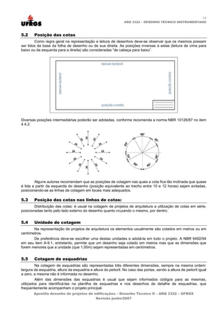 14
                                                                ARQ 3322 – DESENHO TÉCNICO INSTRUMENTADO



5.2     Posição das cotas
        Como regra geral na representação e leitura de desenhos deve-se observar que os mesmos possam
ser lidos da base da folha de desenho ou de sua direita. As posições inversas a estas (leitura de cima para
baixo ou da esquerda para a direita) são consideradas “de cabeça para baixo”.




Diversas posições intermediárias poderão ser adotadas, conforme recomenda a norma NBR 10126/87 no item
4.4.2:




        Alguns autores recomendam que as posições de cotagem nas quais a cota fica tão inclinada que quase
é lida a partir da esquerda do desenho (posição equivalente ao trecho entre 10 e 12 horas) sejam evitadas,
posicionando-se as linhas de cotagem em locais mais adequados.

5.3     Posição das cotas nas linhas de cotas:
        Distribuição das cotas: é usual na cotagem de projetos de arquitetura a utilização de cotas em série,
posicionadas tanto pelo lado externo do desenho quanto cruzando o mesmo, por dentro.


5.4     Unidade de cotagem
       Na representação de projetos de arquitetura os elementos usualmente são cotados em metros ou em
centímetros.
       De preferência deve-se escolher uma destas unidades e adotá-la em todo o projeto. A NBR 6492/94
em seu item A-9.1, entretanto, permite que um desenho seja cotado em metros mas que as dimensões que
forem menores que a unidade (que 1,00m) sejam representadas em centímetros.


5.5     Cotagem de esquadrias
         Na cotagem de esquadrias são representadas três diferentes dimensões, sempre na mesma ordem:
largura da esquadria, altura da esquadria e altura do peitoril. No caso das portas, sendo a altura de peitoril igual
a zero, a mesma não é informada no desenho.
         Além das dimensões das esquadrias é usual que sejam informados códigos para as mesmas,
utilizados para identificá-las na planilha de esquadrias e nos desenhos de detalhe de esquadrias, que
freqüentemente acompanham o projeto principal.
       Apostila desenho de projetos de edificações – Desenho Técnico II – ARQ 3322 – UFRGS
                                        Revisão junho/2007
 