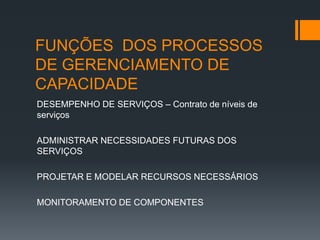 FUNÇÕES DOS PROCESSOS
DE GERENCIAMENTO DE
CAPACIDADE
DESEMPENHO DE SERVIÇOS – Contrato de níveis de
serviços

ADMINISTRAR NECESSIDADES FUTURAS DOS
SERVIÇOS

PROJETAR E MODELAR RECURSOS NECESSÁRIOS

MONITORAMENTO DE COMPONENTES
 