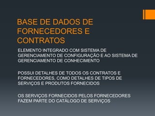 BASE DE DADOS DE
FORNECEDORES E
CONTRATOS
ELEMENTO INTEGRADO COM SISTEMA DE
GERENCIAMENTO DE CONFIGURAÇÃO E AO SISTEMA DE
GERENCIAMENTO DE CONHECIMENTO

POSSUI DETALHES DE TODOS OS CONTRATOS E
FORNECEDORES, COMO DETALHES DE TIPOS DE
SERVIÇOS E PRODUTOS FORNECIDOS

OS SERVIÇOS FORNECIDOS PELOS FORNECEDORES
FAZEM PARTE DO CATÁLOGO DE SERVIÇOS
 