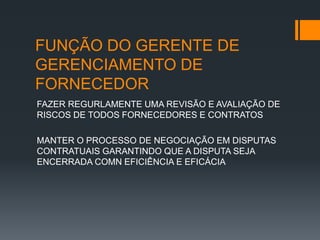 FUNÇÃO DO GERENTE DE
GERENCIAMENTO DE
FORNECEDOR
FAZER REGURLAMENTE UMA REVISÃO E AVALIAÇÃO DE
RISCOS DE TODOS FORNECEDORES E CONTRATOS

MANTER O PROCESSO DE NEGOCIAÇÃO EM DISPUTAS
CONTRATUAIS GARANTINDO QUE A DISPUTA SEJA
ENCERRADA COMN EFICIÊNCIA E EFICÁCIA
 