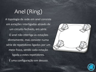 Anel (Ring)
A topologia de rede em anel consiste
em estações interligadas através de
um circuito fechado, em série.
O anel não interliga as estações
diretamente, mas consiste numa
série de repetidores ligados por um
meio físico, sendo cada estação
ligada a estes repetidores.
É uma configuração em desuso.
 
