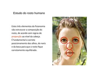 Estudo do rosto humano
Estes três elementos da fisionomia
vão estruturar a composição do
rosto, de acordo com regras de
proporção ao nível da cabeça.
É fundamental o correto
posicionamento dos olhos, do nariz
e da boca para que o rosto fique
corretamente equilibrado.
 