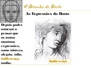 O Desenho do Rosto
                  As Expressões do Rosto

Depois podes
começar a
pensar que
os rostos
mostram
expressões,
como tristeza,
alegria, ódio,
indiferença,
sonho.                       Indiferença
 