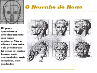 O Desenho do Rosto


H pouco
  á
aprendeste a
desenhar um rosto
com traços
regulares. M se
            as
olhares à tua volta,
vais perceber que
há rostos de muitas
formas, mais
arredondadas, mais
compridas, mais
quadradas
 