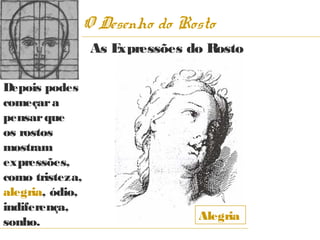 O Desenho do Rosto
                  As Expressões do Rosto

Depois podes
começar a
pensar que
os rostos
mostram
expressões,
como tristeza,
alegria, ódio,
indiferença,
sonho.                           Alegria
 