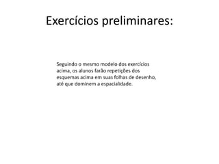 Exercícios preliminares:
Seguindo o mesmo modelo dos exercícios
acima, os alunos farão repetições dos
esquemas acima em suas folhas de desenho,
até que dominem a espacialidade.
 