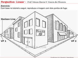 Perspectiva Linear – Prof. Vânia Maria V. Vieira de Oliveira
Exercício:
Com base no tutorial a seguir, reproduza a imagem com dois pontos de fuga:
 