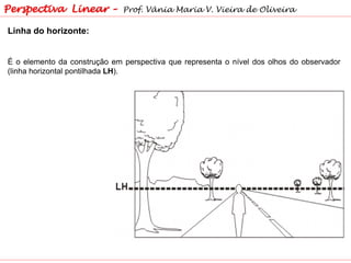 Linha do horizonte:
É o elemento da construção em perspectiva que representa o nível dos olhos do observador
(linha horizontal pontilhada LH).
Perspectiva Linear – Prof. Vânia Maria V. Vieira de Oliveira
 