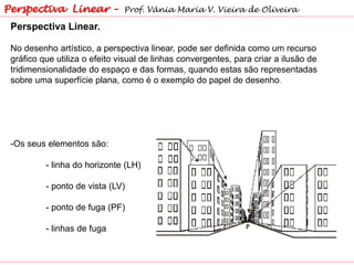 Perspectiva Linear.
No desenho artístico, a perspectiva linear, pode ser definida como um recurso
gráfico que utiliza o efeito visual de linhas convergentes, para criar a ilusão de
tridimensionalidade do espaço e das formas, quando estas são representadas
sobre uma superfície plana, como é o exemplo do papel de desenho.
-Os seus elementos são:
- linha do horizonte (LH)
- ponto de vista (LV)
- ponto de fuga (PF)
- linhas de fuga
Perspectiva Linear – Prof. Vânia Maria V. Vieira de Oliveira
 