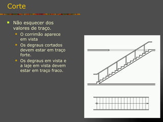 Corte

   Não esquecer dos
    valores de traço.
       O corrimão aparece
        em vista
       Os degraus cortados
        devem estar em traço
        forte.
       Os degraus em vista e
        a laje em vista devem
        estar em traço fraco.
 