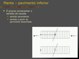Planta – pavimento inferior

   É preciso acrescentar o
    sentido de escada
       sentido ascendente
       sentido a partir do
        pavimento desenhado
 