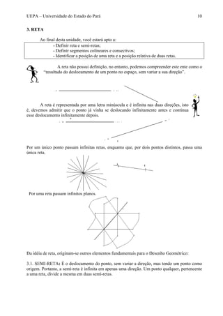 UEPA – Universidade do Estado do Pará 10
3. RETA
Ao final desta unidade, você estará apto a:
- Definir reta e semi-retas;
- Definir segmentos colineares e consectivos;
- Identificar a posição de uma reta e a posição relativa de duas retas.
A reta não possui definição, no entanto, podemos compreender este ente como o
“resultado do deslocamento de um ponto no espaço, sem variar a sua direção”.
A reta é representada por uma letra minúscula e é infinita nas duas direções, isto
é, devemos admitir que o ponto já vinha se deslocando infinitamente antes e continua
esse deslocamento infinitamente depois.
Por um único ponto passam infinitas retas, enquanto que, por dois pontos distintos, passa uma
única reta.
Por uma reta passam infinitos planos.
Da idéia de reta, originam-se outros elementos fundamentais para o Desenho Geométrico:
3.1. SEMI-RETA: É o deslocamento do ponto, sem variar a direção, mas tendo um ponto como
origem. Portanto, a semi-reta é infinita em apenas uma direção. Um ponto qualquer, pertencente
a uma reta, divide a mesma em duas semi-retas.
 