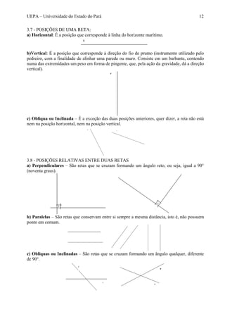 UEPA – Universidade do Estado do Pará 12
3.7 - POSIÇÕES DE UMA RETA:
a) Horizontal: É a posição que corresponde à linha do horizonte marítimo.
b)Vertical: É a posição que corresponde à direção do fio de prumo (instrumento utilizado pelo
pedreiro, com a finalidade de alinhar uma parede ou muro. Consiste em um barbante, contendo
numa das extremidades um peso em forma de pingente, que, pela ação da gravidade, dá a direção
vertical).
c) Oblíqua ou Inclinada – É a exceção das duas posições anteriores, quer dizer, a reta não está
nem na posição horizontal, nem na posição vertical.
3.8 - POSIÇÕES RELATIVAS ENTRE DUAS RETAS
a) Perpendiculares – São retas que se cruzam formando um ângulo reto, ou seja, igual a 90°
(noventa graus).
b) Paralelas – São retas que conservam entre si sempre a mesma distância, isto é, não possuem
ponto em comum.
c) Oblíquas ou Inclinadas – São retas que se cruzam formando um ângulo qualquer, diferente
de 90°.
 