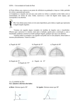 UEPA – Universidade do Estado do Pará 19
d) Neste último caso, marca-se um ponto de referência na graduação e traça-se o lado, partindo
do vértice e passando pelo ponto.
e) Completa-se o traçado com um arco com centro no vértice e cortando os dois lados com as
extremidades em forma de setas. Então, escreve-se o valor do ângulo neste espaço, que
corresponde à sua abertura.
Obs: Este último passo (item e) é de suma importância, pois indica a região que representa
o ângulo (região angular).
Veremos em seguida alguns exemplos de medidas de ângulos com o transferidor.
Observe que o processo é o mesmo, tanto para a medição, quanto para a construção e, com o
transferidor, podemos construir ou medir qualquer ângulo, qualquer que seja a sua abertura.
Vejamos então os exemplos e em seguida você pode criar os seus próprios, observando os
mesmos procedimentos. Vamos lá, então !
a) Ângulo de 105° b) Ângulo de 55° c) Ângulo de 90°
d) Ângulo de 75° e) Ângulo de 25°
f) Ângulo de 175°
5.6. CLASSIFICAÇÃO:
5.6.1. Quanto à abertura dos lados:
a) Reto: Abertura igual a 90° b) Agudo: Abertura menor que 90°
 
