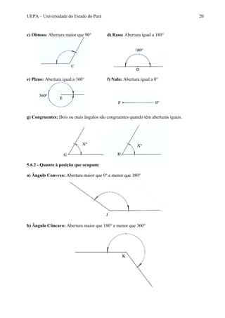 UEPA – Universidade do Estado do Pará 20
c) Obtuso: Abertura maior que 90° d) Raso: Abertura igual a 180°
e) Pleno: Abertura igual a 360° f) Nulo: Abertura igual a 0°
g) Congruentes: Dois ou mais ângulos são congruentes quando têm aberturas iguais.
5.6.2 - Quanto à posição que ocupam:
a) Ângulo Convexo: Abertura maior que 0° e menor que 180°
b) Ângulo Côncavo: Abertura maior que 180° e menor que 360°
 