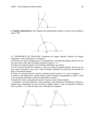 UEPA – Universidade do Estado do Pará 22
e) Ângulos suplementares: Dois ângulos são suplementares quando a soma de suas medidas é
igual a 180°.
5.8. TRANSPORTE DE ÂNGULOS: Transportar um ângulo significa construir um ângulo
congruente a outro, utilizando-se o compasso:
a) Centra-se no vértice do ângulo que se vai transportar e, com abertura qualquer descreve-se um
arco que corta os dois lados do ângulo, gerando os pontos 1 e 2.
b) Traça-se um lado do ângulo a ser construído, definindo o seu vértice.
c) Com a mesma abertura do compasso e centro no vértice do segundo ângulo, descreve-se um
arco, igual ao primeiro e que corta o lado já traçado, definindo um ponto que corresponde ao
ponto 1 do primeiro ângulo.
d) Volta-se ao primeiro ângulo e mede-se a distância entre os pontos 1 e 2, com o compasso.
e) Aplica-se esta distância no segundo ângulo a partir do ponto correspondente ao ponto 1 sobre
o arco já traçado, definindo o ponto correspondente ao ponto 2.
f) A partir do vértice e passando pelo ponto 2, traça-se o outro lado do ângulo.
Comentário: note que realizamos, nesta construção, dois transportes de distâncias. Primeiro a
distância que correspondia ao arco no primeiro ângulo. Depois, a que correspondia à distância
entre os pontos 1 e 2. Tudo isso feito com a utilização do compasso.
 