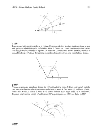 UEPA – Universidade do Estado do Pará 25
f) 120°
Traça-se um lado, posicionando-se o vértice. Centro no vértice, abertura qualquer, traça-se um
arco que corta o lado já traçado, definindo o ponto 1. Centro em 1, com a mesma abertura, cruza-
se o arco já traçado, obtendo-se o ponto 2. Centro em 2, ainda com a mesma abertura, cruza-se o
arco, obtendo-se 3. Partindo do vértice e passando pelo ponto 3, traça-se o outro lado do ângulo.
g) 150°
Procede-se como no traçado do ângulo de 120°, até definir o ponto 3. Com centro em 3 e ainda
com a mesma abertura sobre o mesmo arco obtém-se o ponto 4. Este ponto (4), unido ao vértice,
forma 180°. Como já vimos, o ponto 3 e o vértice formam 120°; logo, entre 3 e 4, temos 60°.
Traçando-se a bissetriz entre 3 e 4, obteremos 30° que, somados aos 120°, nos darão os 150°.
h) 105°
 
