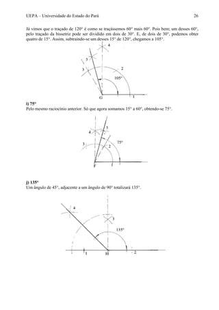 UEPA – Universidade do Estado do Pará 26
Já vimos que o traçado de 120° é como se traçássemos 60° mais 60°. Pois bem; um desses 60°,
pelo traçado da bissetriz pode ser dividido em dois de 30°. E, de dois de 30°, podemos obter
quatro de 15°. Assim, subtraindo-se um desses 15° de 120°, chegamos a 105°.
i) 75°
Pelo mesmo raciocínio anterior. Só que agora somamos 15° a 60°, obtendo-se 75°.
j) 135°
Um ângulo de 45°, adjacente a um ângulo de 90° totalizará 135°.
 