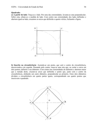 UEPA – Universidade do Estado do Pará 54
Quadrado:
a) A partir do lado: Traça-se o lado. Por uma das extremidades, levanta-se uma perpendicular.
Sobre esta, rebate-se a medida do lado. Com centro nas extremidades dos lados definidos e
abertura igual ao lado, cruzamos os arcos que definirão o quarto vértice, fechando a figura.
b) Inscrito na circunferência: Assinala-se um ponto, que será o centro da circunferência,
descrevendo-a em seguida. Passando pelo centro, traça-se uma reta que, ao cortar a curva em
dois pontos, definirá o seu diâmetro. Com centro nas extremidades do diâmetro e abertura maior
que a metade deste, cruzam-se arcos que definirão o ponto que, junto com o centro da
circunferência, alinharão um outro diâmetro, perpendicular ao primeiro. Estes dois diâmetros
dividem a circunferência em quatro partes iguais, correspondendo aos quatro pontos que
inscrevem o quadrado.
 