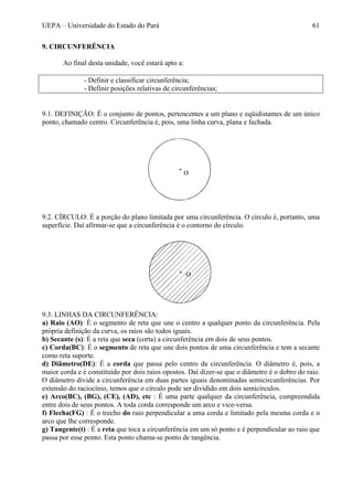 UEPA – Universidade do Estado do Pará 61
9. CIRCUNFERÊNCIA
Ao final desta unidade, você estará apto a:
- Definir e classificar circunferência;
- Definir posições relativas de circunferências;
9.1. DEFINIÇÃO: É o conjunto de pontos, pertencentes a um plano e eqüidistantes de um único
ponto, chamado centro. Circunferência é, pois, uma linha curva, plana e fechada.
9.2. CÍRCULO: É a porção do plano limitada por uma circunferência. O círculo é, portanto, uma
superfície. Daí afirmar-se que a circunferência é o contorno do círculo.
9.3. LINHAS DA CIRCUNFERÊNCIA:
a) Raio (AO): É o segmento de reta que une o centro a qualquer ponto da circunferência. Pela
própria definição da curva, os raios são todos iguais.
b) Secante (s): É a reta que seca (corta) a circunferência em dois de seus pontos.
c) Corda(BC): É o segmento de reta que une dois pontos de uma circunferência e tem a secante
como reta suporte.
d) Diâmetro(DE): É a corda que passa pelo centro da circunferência. O diâmetro é, pois, a
maior corda e é constituído por dois raios opostos. Daí dizer-se que o diâmetro é o dobro do raio.
O diâmetro divide a circunferência em duas partes iguais denominadas semicircunferências. Por
extensão do raciocínio, temos que o círculo pode ser dividido em dois semicírculos.
e) Arco(BC), (BG), (CE), (AD), etc : É uma parte qualquer da circunferência, compreendida
entre dois de seus pontos. A toda corda corresponde um arco e vice-versa.
f) Flecha(FG) : É o trecho do raio perpendicular a uma corda e limitado pela mesma corda e o
arco que lhe corresponde.
g) Tangente(t) : É a reta que toca a circunferência em um só ponto e é perpendicular ao raio que
passa por esse ponto. Esta ponto chama-se ponto de tangência.
 