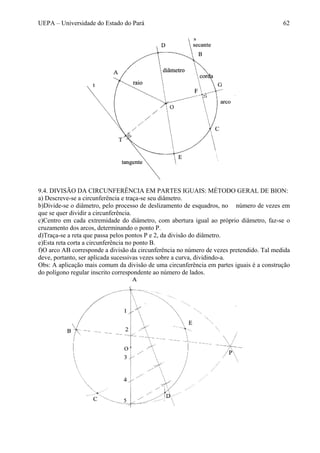 UEPA – Universidade do Estado do Pará 62
9.4. DIVISÃO DA CIRCUNFERÊNCIA EM PARTES IGUAIS: MÉTODO GERAL DE BION:
a) Descreve-se a circunferência e traça-se seu diâmetro.
b)Divide-se o diâmetro, pelo processo de deslizamento de esquadros, no número de vezes em
que se quer dividir a circunferência.
c)Centro em cada extremidade do diâmetro, com abertura igual ao próprio diâmetro, faz-se o
cruzamento dos arcos, determinando o ponto P.
d)Traça-se a reta que passa pelos pontos P e 2, da divisão do diâmetro.
e)Esta reta corta a circunferência no ponto B.
f)O arco AB corresponde a divisão da circunferência no número de vezes pretendido. Tal medida
deve, portanto, ser aplicada sucessivas vezes sobre a curva, dividindo-a.
Obs: A aplicação mais comum da divisão de uma circunferência em partes iguais é a construção
do polígono regular inscrito correspondente ao número de lados.
 