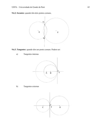 UEPA – Universidade do Estado do Pará 65
9.6.2. Secantes: quando têm dois pontos comuns.
9.6.3. Tangentes: quando têm um ponto comum. Podem ser:
a) Tangentes internas
b) Tangentes externas
 