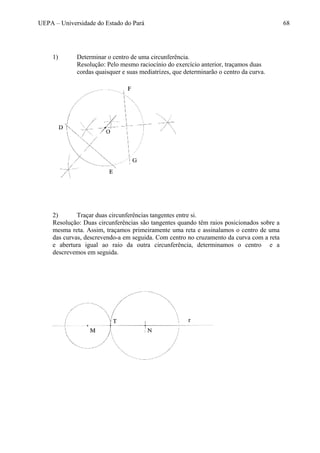 UEPA – Universidade do Estado do Pará 68
1) Determinar o centro de uma circunferência.
Resolução: Pelo mesmo raciocínio do exercício anterior, traçamos duas
cordas quaisquer e suas mediatrizes, que determinarão o centro da curva.
2) Traçar duas circunferências tangentes entre si.
Resolução: Duas circunferências são tangentes quando têm raios posicionados sobre a
mesma reta. Assim, traçamos primeiramente uma reta e assinalamos o centro de uma
das curvas, descrevendo-a em seguida. Com centro no cruzamento da curva com a reta
e abertura igual ao raio da outra circunferência, determinamos o centro e a
descrevemos em seguida.
 