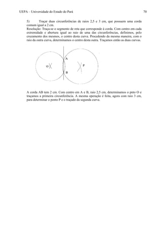 UEPA – Universidade do Estado do Pará 70
5) Traçar duas circunferências de raios 2,5 e 3 cm, que possuem uma corda
comum igual a 2 cm.
Resolução: Traça-se o segmento de reta que corresponde à corda. Com centro em cada
extremidade e abertura igual ao raio de uma das circunferências, definimos, pelo
cruzamento dos mesmos, o centro desta curva. Procedendo da mesma maneira, com o
raio da outra curva, determinamos o centro desta outra. Traçamos então as duas curvas.
A corda AB tem 2 cm. Com centro em A e B, raio 2,5 cm, determinamos o pnto O e
traçamos a primeira circunferência. A mesma operação é feita, agora com raio 3 cm,
para determinar o ponto P e o traçado da segunda curva.
 