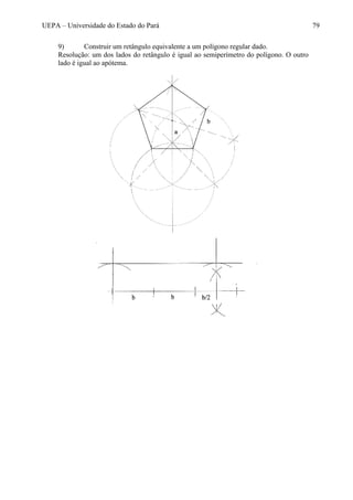 UEPA – Universidade do Estado do Pará 79
9) Construir um retângulo equivalente a um polígono regular dado.
Resolução: um dos lados do retângulo é igual ao semiperímetro do polígono. O outro
lado é igual ao apótema.
 