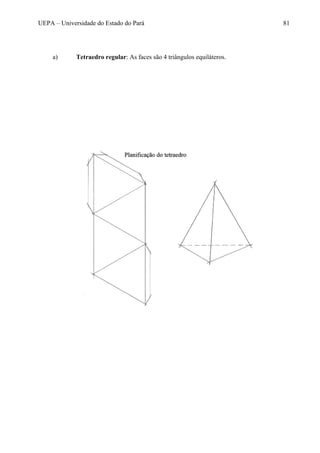 UEPA – Universidade do Estado do Pará 81
a) Tetraedro regular: As faces são 4 triângulos equiláteros.
 