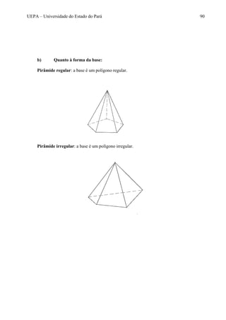 UEPA – Universidade do Estado do Pará 90
b) Quanto à forma da base:
Pirâmide regular: a base é um polígono regular.
Pirâmide irregular: a base é um polígono irregular.
 