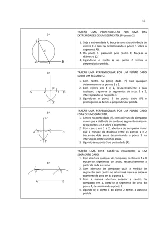10


     TRAÇAR UMA PERPENDICULAR POR UMA                    DAS
3º   EXTREMIDADES DE UM SEGMENTO. (Processo 2)

      1. Seja a extremidade A, traça-se uma circunferência de
         centro C e raio CA determinando o ponto 1 sobre o
         segmento AB.
      2. Do ponto 1, passando pelo centro C, traça-se o
         diâmetro 12.
      3. Ligando-se o ponto A ao ponto 2 temos a
         perpendicular pedida.


4º   TRAÇAR UMA PERPENDICULAR POR UM PONTO DADO
     SOBRE UM SEGMENTO.
      1. Com centro no ponto dado (P) raio qualquer
         determinam-se os pontos 1 e 2.
      2. Com centro em 1 e 2, respectivamente e raio
         qualquer, traçam-se os segmentos de arcos 1 e 2,
         interceptando-se no ponto 3.
      3. Ligando-se o ponto 3 ao ponto dado (P) e
         prolongando-se temos a perpendicular pedida.


     TRAÇAR UMA PERPENDICULAR POR UM PONTO DADO
5º
     FORA DE UM SEGMENTO.
      1. Centro no ponto dado (P), com abertura do compasso
         maior que a distância do ponto ao segmento marcam-
         se os pontos 1 e 2 sobre o segmento.
      2. Com centro em 1 e 2, abertura do compasso maior
         que a metade da distância entre os pontos 1 e 2
         traçam-se dois arcos determinando o ponto 3 na
         intersecção destes últimos arcos.
      3. Ligando-se o ponto 3 ao ponto dado (P).


     TRAÇAR UMA RETA PARALELA QUALQUER, A UM
     SEGMENTO DADO
      1. Com abertura qualquer do compasso, centro em A e B
6º       traçam-se segmentos de arcos, respectivamente a
         partir de cada extremo.
      2. Com abertura do compasso igual a medida do
         segmento, com centro no extremo A marca-se sobre o
         segmento de arco em B, o ponto 1.
      3. Com a mesma abertura anterior e centro do
         compasso em 1, corta-se o segmento de arco do
         ponto A, determinando o ponto 2.
      4. Ligando-se o ponto 1 ao ponto 2 temos a paralela
         pedida.
 